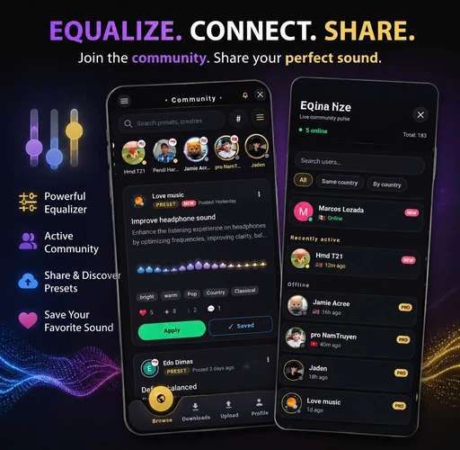 UNIFY Equalizer community presets with browse, upload, downloads, creator profiles and online users