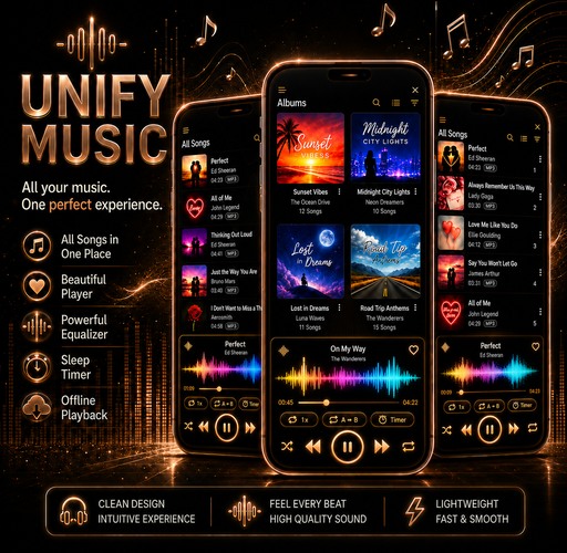 UNIFY Hi-Res Music Player Pro showing albums, songs, waveform controls and Obsidian Gold theme